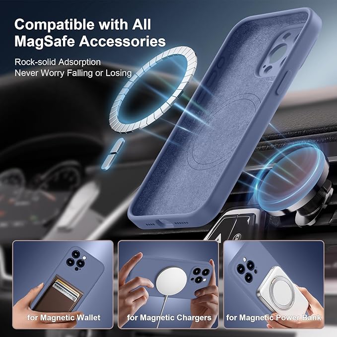 Magnetic for iPhone 15 Pro Case, Compatible with MagSafe, with 9H Nano Screen Protectors, Full Camera Protection, Silicone Shockproof Microfiber Lining Phone Case 6.1", Lavender Gray