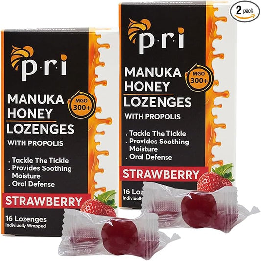 P.R.I Manuka Honey Lozenges with Propolis, Soothing Cough and Throat Drops, MGO 300+ Certified (Strawberry, 16 Count/2 Pack)