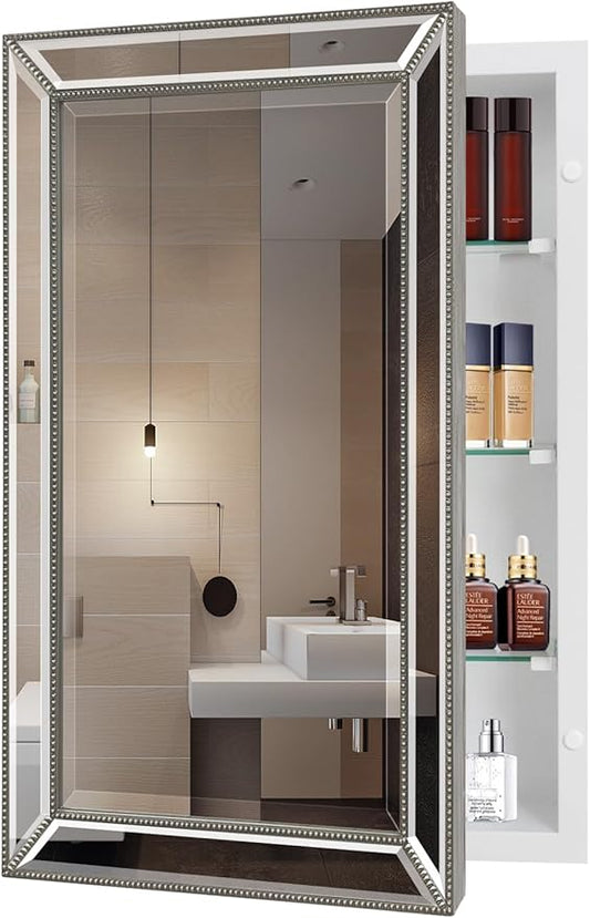 24"x36" Retro Beaded Medicine Cabinet with Beveled Mirror - Wooden Frame, Recessed & Surface Mount Bathroom Storage Cabinet