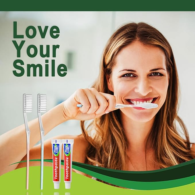 50 pcs Disposable Toothbrushes, 2 Color Toothbrushes and Toothpaste 10g, Bulk for Homeless, Airbnb, Hotel