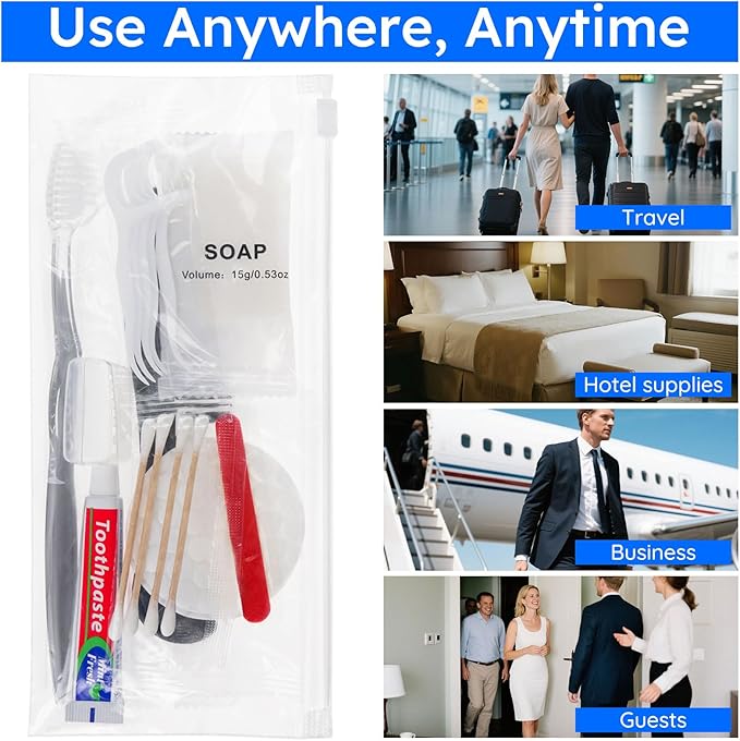 Travel Toothbrush Kit, Hygiene Kit Comes in A Double Sealed Individual Package, Personal Hygiene Kit for Hotel, Camping, Home and Travel (100 Set)