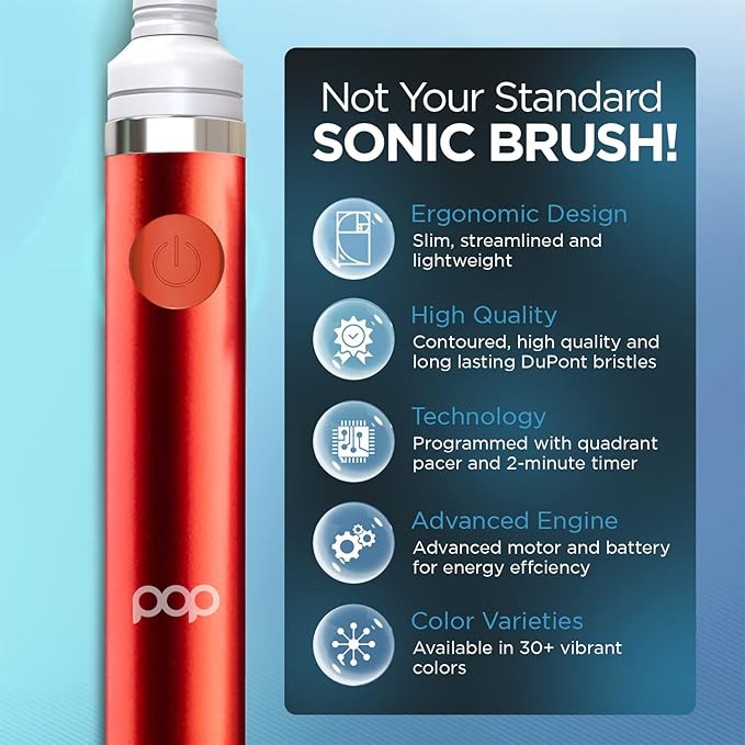 Pop Sonic Electric Toothbrush (Metallic Red) - Travel Toothbrushes w/AAA Battery | Kids Electric Toothbrushes with 2 Speed & 15,000-30,000 Strokes/Minute, Dupont Nylon Bristles