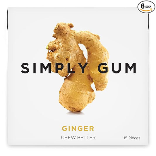 SIMPLY Gum Ginger, Plastic-Free Natural Chewing Gum, Made with real Ginger, 6 Pack (90 Pieces) | Vegan, Kosher, Non GMO, Aspartame Free and Sorbitol Free