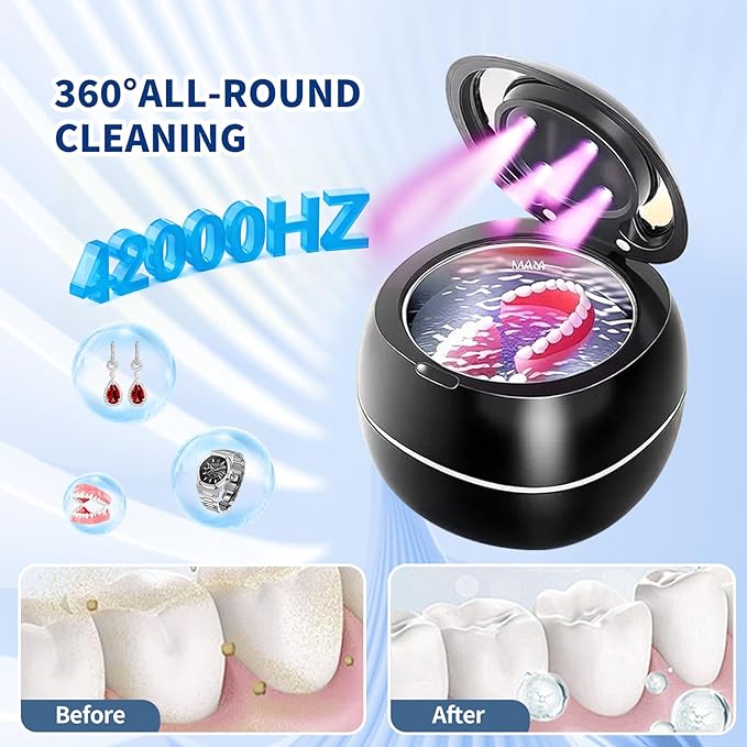 Ultrasonic Denture Cleaner Machine,Portable 42kHz with UV Light Sonic False Teeth Cleaning Kit for Retainers, Aligners, Dentures, Mouthguards, Braces, Jewelry - One Button Operation, Black