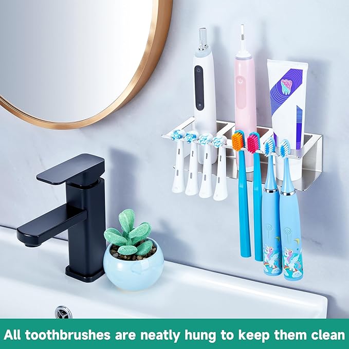 Electric Toothbrush Head Holders, Electric Toothbrush Holders Wall Mounted, Shower Electric Head Holder, Toothbrush and Toothpaste Holder, Tooth Brushing Holder for Bathroom (Silver, Large)