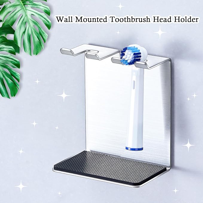 Toothbrush Head Holders Tabletop or Wall Mounted Electric Tooth Brush Heads Holder Stand with Removable Drip Pad, Tooth Brush Holder for Bathroom Shower, Electric Toothbrush Holders, Silver