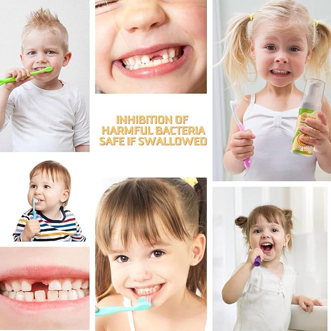 Foam Toothpaste Kids,Toddler Toothpaste with Low Fluoride & Natural Formula to Reduce Plaque, Kids Toothpaste for U Shaped Toothbrush for Children Ages 3 Plus (120 ML, Orange & Strawberry)