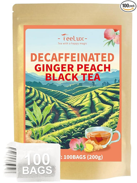 TeeLux Decaf Peach Ginger Black Tea, Decaffeinated Black Tea Flavored with Spicy Ginger & Peach Flavor, Smooth & Full-Bodied, 100 Count