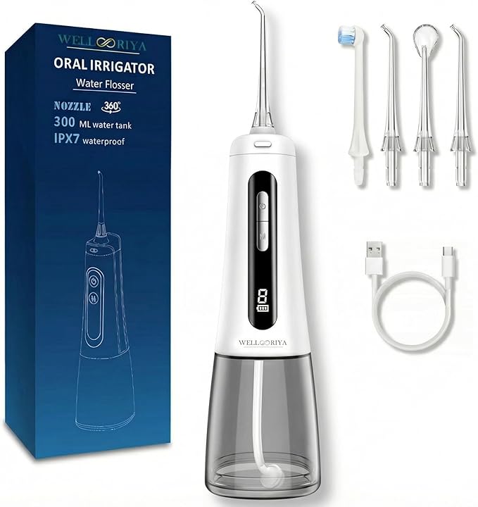 Cordless Water Flosser for Teeth – 300mL Large Tank, 9 Pressure Levels, LED Display, USB-C Rechargeable, IPX7 Waterproof Dental Oral Irrigator for Home & Travel (White)