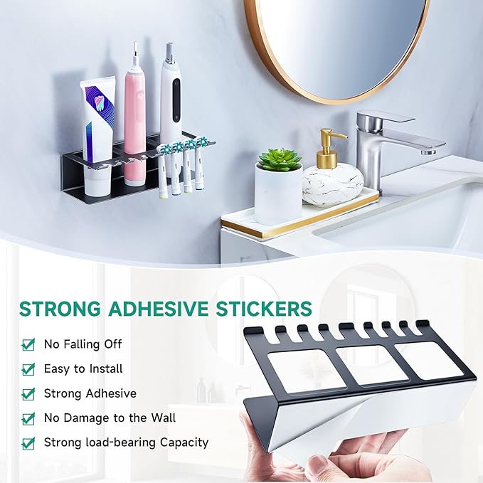 Electric Toothbrush Head Holders, Electric Toothbrush Holders Wall Mounted, Shower Electric Head Holder, Toothbrush and Toothpaste Holder, Tooth Brushing Holder for Bathroom (Black, Large)