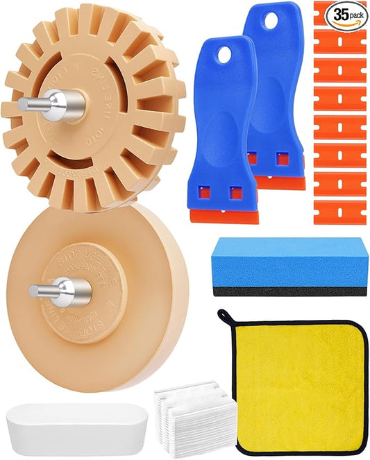 35Pcs Eraser Wheel Kit, Decal Remover Wheel for Automotive Car Sticker, Vinyl, Rv, Vinyl Removal Tool, Scraper, Razor Blades, Car Sponge Wipe, Polishing Wax and Cotton Pads