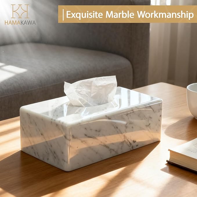Natural Marble Tissue Box Cover, Carrara White Tissue Organizer 10 x 5.7 x 3.5 inch, Heavy Stone Decorative Box, Rectangle Tissue Box Holder for Home Decor, Kitchen, Bathroom, Bedroom