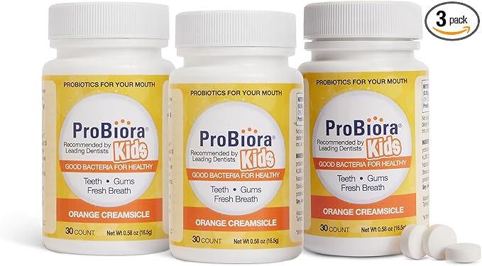 ProBiora Kids Oral-Care Chewable Probiotic Tablets | Probiotic Supplement Designed Specifically for Kids | Healthier Teeth & Gums | Fresher Breath | Whiter Teeth (30 Count (Pack of 3), Orange)