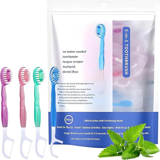 5 in 1 Mini Toothbrushes with Toothpaste, 26Pcs Toothbrush & Floss, All in one Oral Care on The go, 5 in 1 mini Brush, Toothpaste and Floss, Disposable Travel Toothbrush, 1 Set
