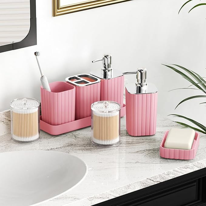 Bathroom Set with Shower Curtain and Rugs- 25PC Pink Bathroom Accessories, Shower Curtain Set, Toilet Brush, Trash Can, Qtip Holder Dispenser & Soap Dispenser