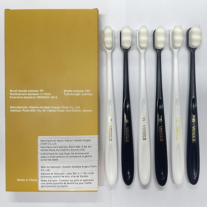 Adult Extra Soft Toothbrush with 20000 Soft Bristles, (Pack of 6) Micro Nano Manual Toothbrushes for Protect Sensitive Gums, Black/White