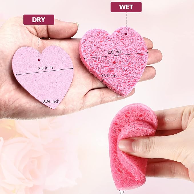 Nuenen 60 Pieces Facial Sponges with Container, Heart Shape Compressed Face Sponges Natural Cleaning Pads for Washing Face Cleaning Exfoliating Esthetician Makeup Removal(Multi Colors)