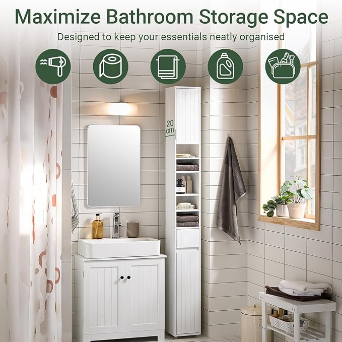 SoBuy Tall Narrow Storage Cabinet, Skinny Bathroom Cabinet with Adjustable Shelves Slender, Anti-Tipping Floor Standing Cupboard, Pinstripe White BZR160-W