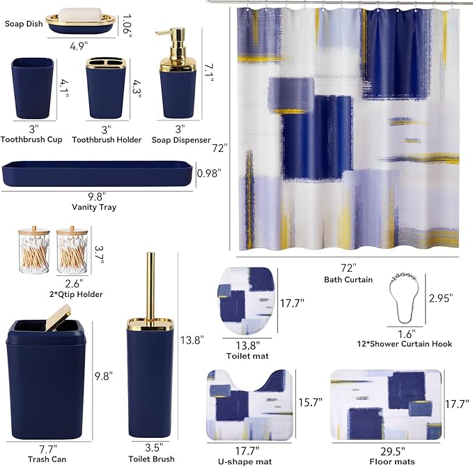 Bathroom Set - Navy Blue and Gold Bathroom Accessories Set, Bathroom Sets with Shower Curtain and Rugs, Blue Shower Curtain Set with Bathroom Trash Can, Soap Dispenser,Soap Dish for Home Decor
