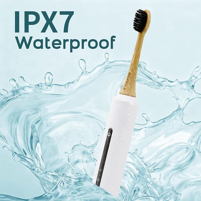 Bamboo Electric Toothbrush for Adults丨Rechargeable Electric Toothbrush with 3 Non Toxic Charcoal Infused Bamboo Brush Heads, 5 Cleaning Modes, 60 Days Battery Life, IPX7 Waterproof-White