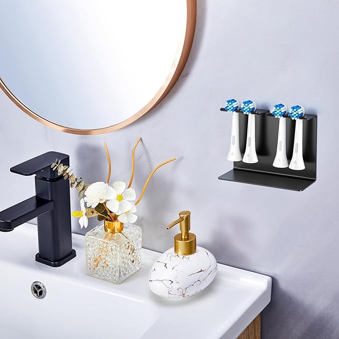 Electric Toothbrush Head Holder, Tooth Brushing Holder, Wall Mounted Toothbrush Holders Shower Bathroom, Self Adhesive or Desktop Tooth Brush Holder Organiser (Black, Medium)