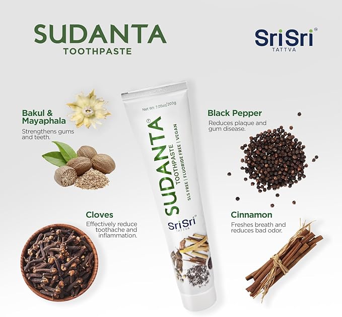 Sri Sri Tattva Sudanta Herbal Toothpaste – SLS Free & Fluoride Free Natural Ayurvedic Toothpaste for Strong Teeth, Healthy Gums & Oral Care – 200 g Pack of 4