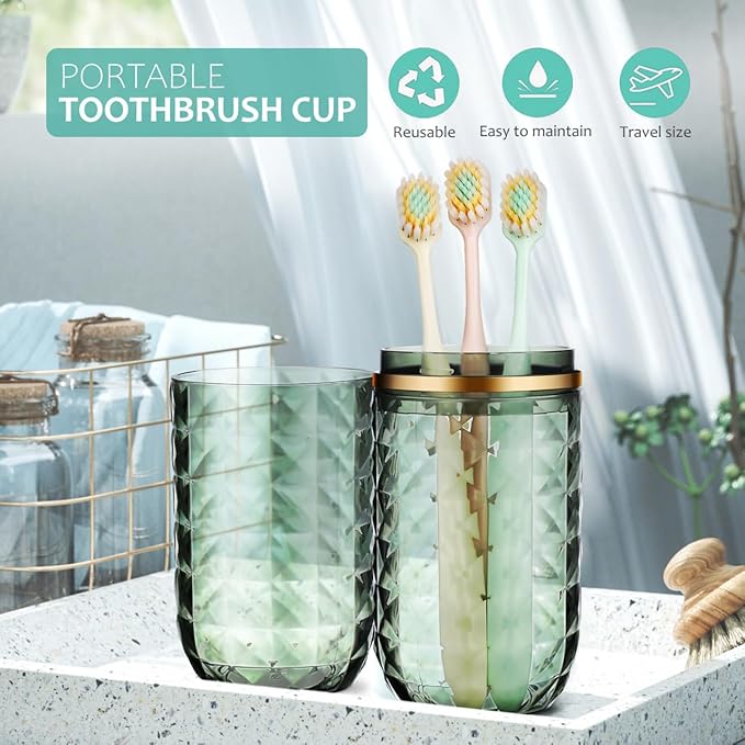 Didiseaon Travel Toothbrush Case with Cover, Green Portable Toothbrush Holder and Rinse Cup Dual Use Compact for Travel Bathroom Storage