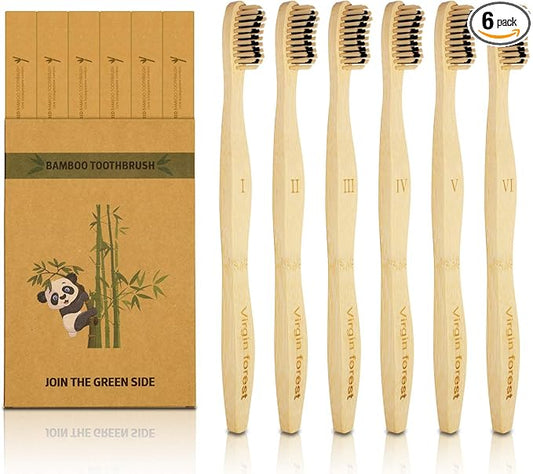 Eco-Friendly Bamboo Toothbrushes - 6 Pack Biodegradable with Charcoal Soft Bristles | Sustainable Dental Care