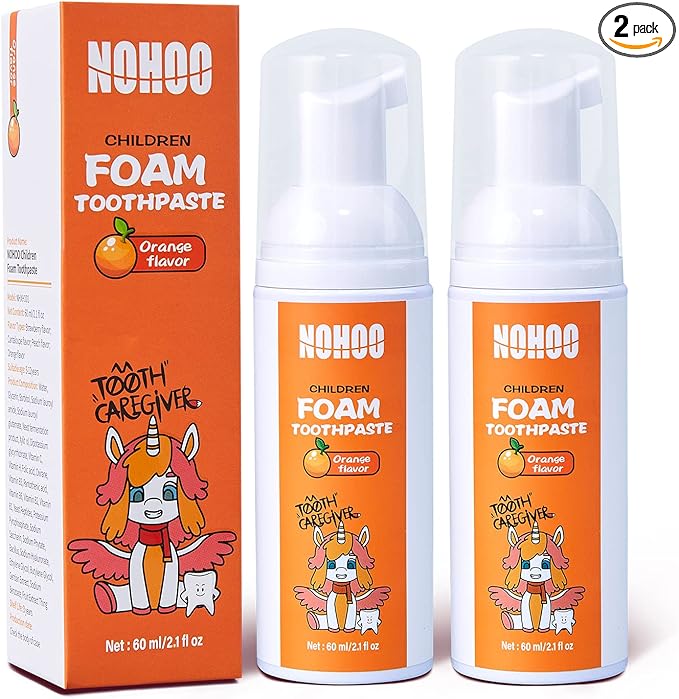 NOHOO Fluoride Free Foam Toothpaste Kids Orange Flavour,Natural Training Toothpaste for Baby Toddler Children Oral Cleaning and Cavity Protection(2 Pack)