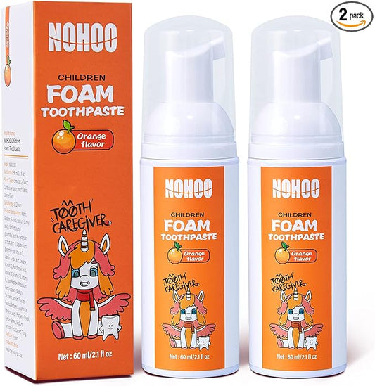 NOHOO Fluoride Free Foam Toothpaste Kids Orange Flavour,Natural Training Toothpaste for Baby Toddler Children Oral Cleaning and Cavity Protection(2 Pack)