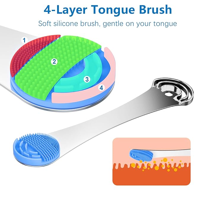 Tongue Scraper for Adults, 3-Layer Stainless Steel Tongue Scraper Metal Tongue Cleaner Tongue Scrubber, Reduce Bad Breath, with Soft Silicone Tongue Brush