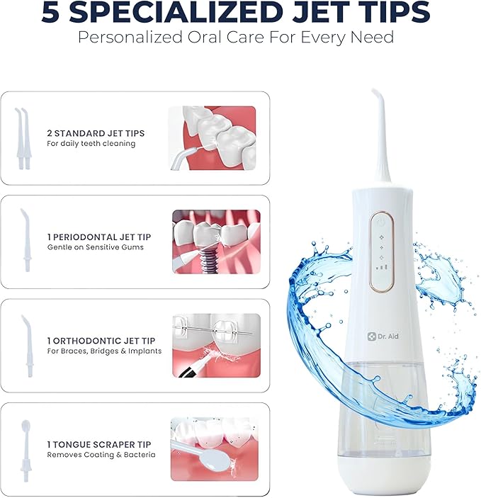 Dr. Aid Dental Water Flosser – Portable Oral Irrigator – 12Oz Tank, Water Filter, 5 Tips, Type C Charger – IPX8 Waterproof Cordless Water Flosser, Ideal Water Flossers for Teeth, Gums, Braces (White)