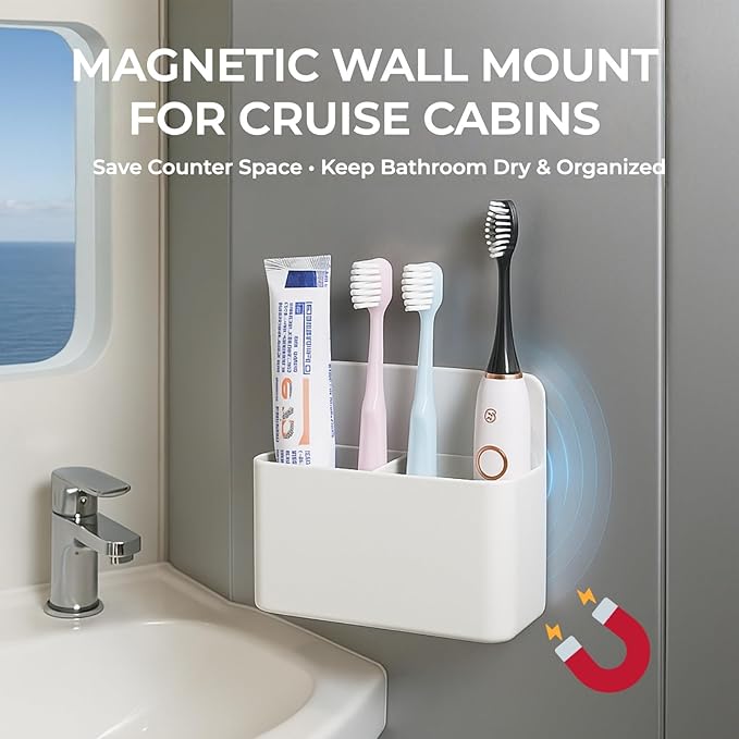 Cruise Essentials 2026 – Magnetic Toothbrush Holder for Cruise Ship Cabin, Wall-Mounted Cruise Bathroom Organizer, Travel Toothbrush Holder for Caribbean Cruise & Alaskan Cruise Must Haves (White)