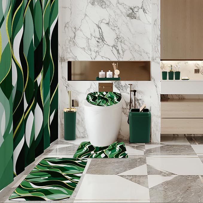 Bathroom Set - Green and Gold Bathroom Accessories, Bathroom Sets with Shower Curtain and Rugs, Green Shower Curtain Set with Bathroom Trash Can, Soap Dispenser, Soap Dish for Home Decor