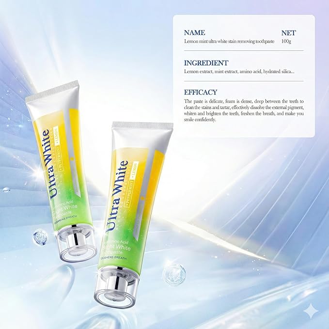 Ultra White Toothpaste for Stain Removal - Lemon Peppermint Whitening Toothpaste with Amino Acid - Fresh Breath, Gum Care & Enamel Safe Daily Tooth Paste (2 Pack, 3.52oz/100g Each)