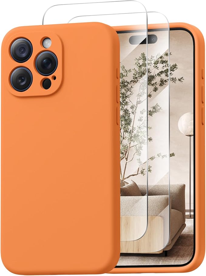 Magnetic for iPhone 15 Pro Case, Compatible with MagSafe, with 9H Nano Screen Protectors, Full Camera Protection, Silicone Shockproof Microfiber Lining Phone Case 6.1", Kumquat