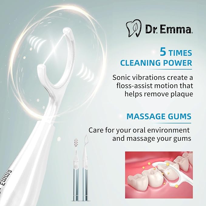 Dr. Emma Electric Vibration Flosser, Power Flosser for Adults, Gum Stimulator, Teeth Cleaner, Reusable Flossing Tool with Toothbrush, Water Flosser Alternative, Babyblue