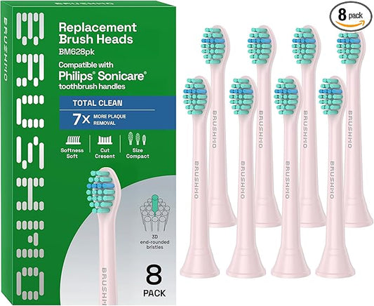 Brushmo Total Clean Replacement Toothbrush Heads, Compatible with Philips Sonicare Click-on Electric Toothbrush Handles, 8 Compact Heads for Hard-to-Reach Areas, Soft Dupont Bristles, BM628, Pink