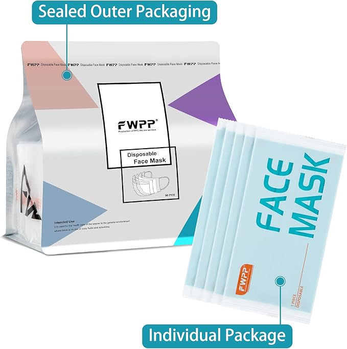FWPP Adult 4 Ply Disposable Face Masks, Elastic Ear Loop Face Mask, Breathable Non-woven Fabric Green, Individually Wrapped Pack of 50