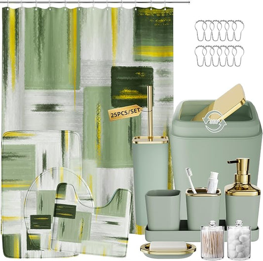 Bathroom Set - Sage Green Bathroom Accessories Set, Bathroom Sets with Shower Curtain and Rugs, Sage Green Shower Curtain Set with Bathroom Trash Can, Soap Dispenser, Soap Dish for Home Decor