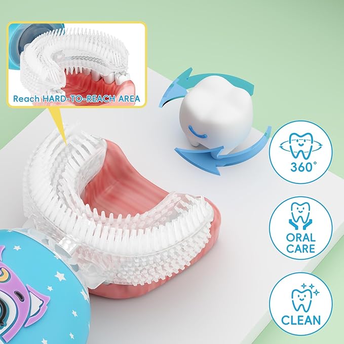 Kids Toothbrush Electric, U Shaped Ultrasonic Automatic Toothbrush with 4 Brush Heads, Two Cleaning Modes, Cartoon Modeling Design for Kids, Age 2-12