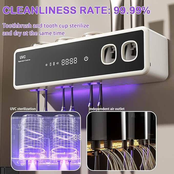 Toothbrush Holders for Bathrooms,Electric Toothbrush Holder Wall Mounted - 6 Brush/3 Cup,Automatic Toothpaste Dispenser & Hot Dry,Smart Cleaning,Bathroom Storage Upgrade (White)