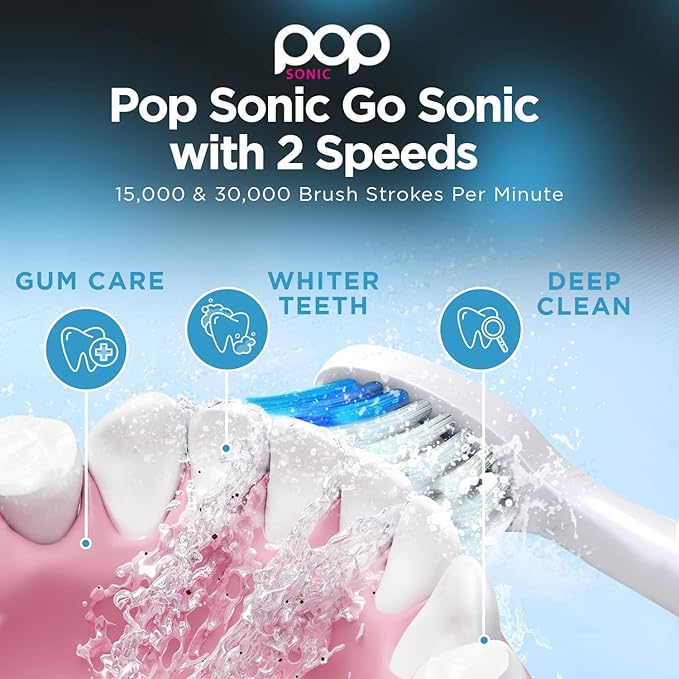 Pop Sonic Electric Toothbrush (Metallic Silver) - Travel Toothbrushes w/AAA Battery | Kids Electric Toothbrushes with 2 Speed & 15,000-30,000 Strokes/Minute, Dupont Nylon Bristles
