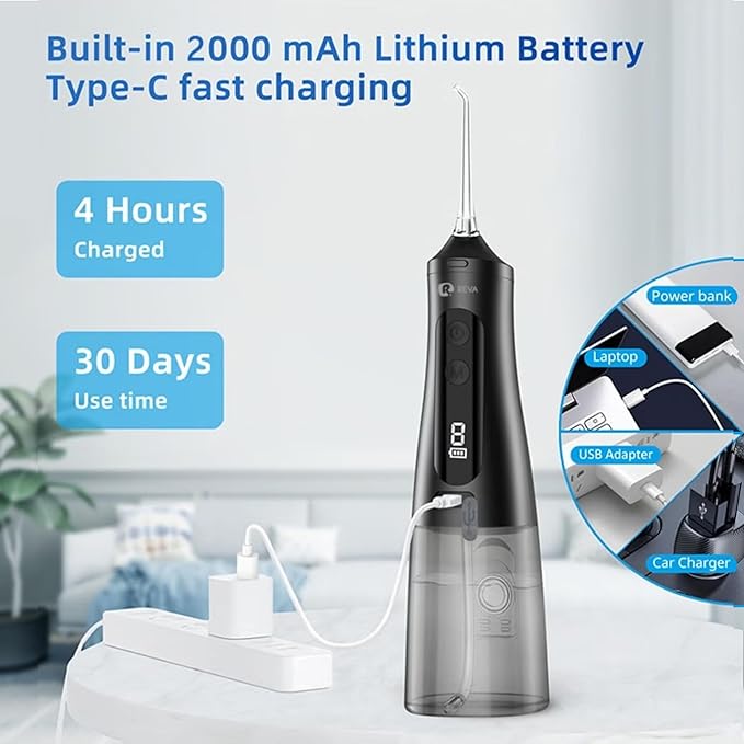 Reva Professional Water Dental Flosser for Teeth & Braces - 9 Modes Cordless Oral Irrigator, 350ML Large Reservoir, 360° Nozzle, IPX7 Waterproof, Rechargeable, Dental Floss Tool (M131 - Black)