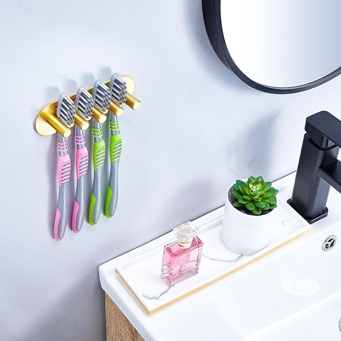 Electric Toothbrush Head Holder, Toothbrush Holders Wall Mounted, Adhesive Tooth Brush Head Holder Organiser, Electric Toothbrushs Holder, Shower Tooth Brushing Holder (Gold, Large)