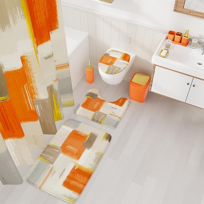 Bathroom Accessories Set - 25PC Bathroom Set with Shower Curtain and Rugs, Orange Bathroom Set, Bathroom Accessory Set with Press-on Lid Trash Can, Soap Dispenser and Qtip Holders