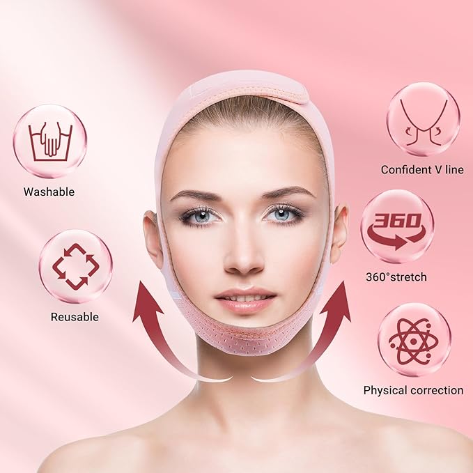 Reusable V Line Lifting Mask with Chin Strap for Sleeping,Double Chin Reducer,Face Lift Prevent Sagging, Jaw Exerciser,Pink,M