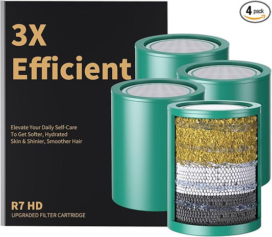 R7 HD - 4 Pack 33 Stage Universal Shower Filter Replacement Cartridge - Hard Water Purifier Removes Chlorine, Heavy Metals, Iron, Sediments - High Output Water Softener for Skin & Hair, Green