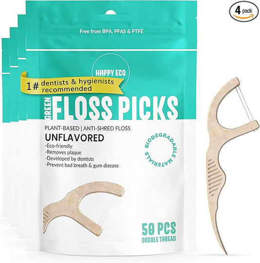 Floss Picks Biodegradable (200pcs) - Plant Based Dental Floss Picks, Natural Flossers for Adults & Kids, Nontoxic Vegan Tooth Pick Flossers & Eco Floss Sticks - Double Thread Unflavored