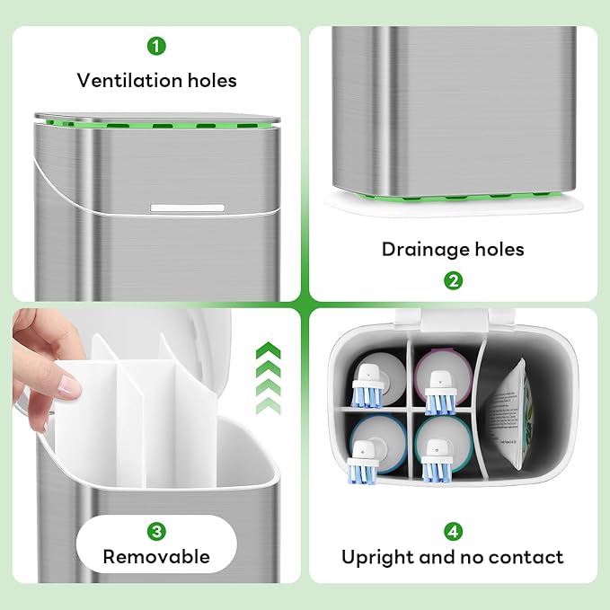 Toothbrush Holders with Cover - Electric Toothbrush Length Less Than 10 inches, 5 Slots Tooth Brush Holder for Bathroom, Detachable Toothpaste Holder Bathroom Organizers with Drainage, Silver